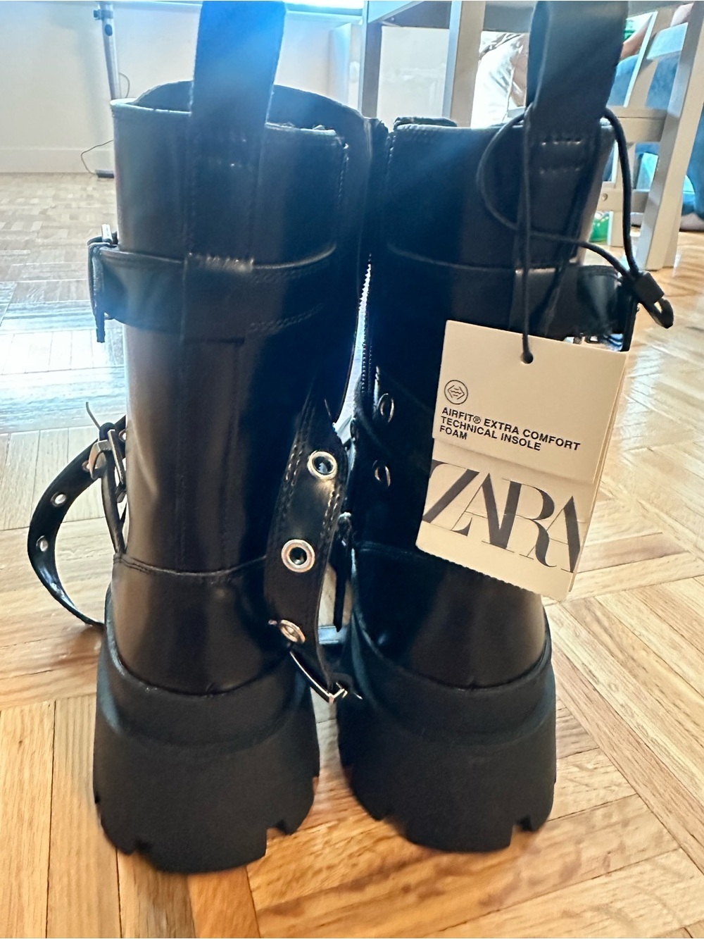 ZARA Black Chunky Lace-Up Combat Boots with Strap Detail